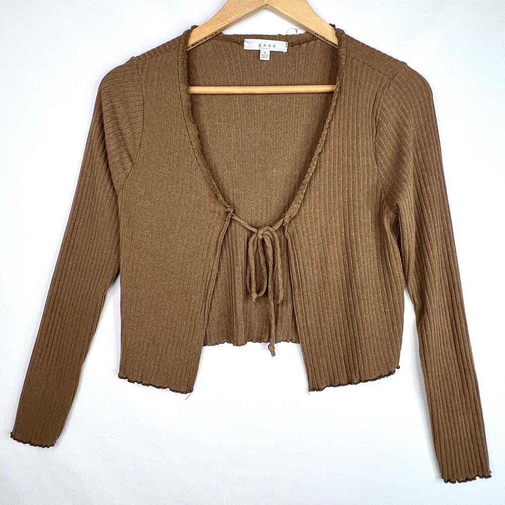 Gaze Brown Cropped Ribbed Tie Front Sweater Small